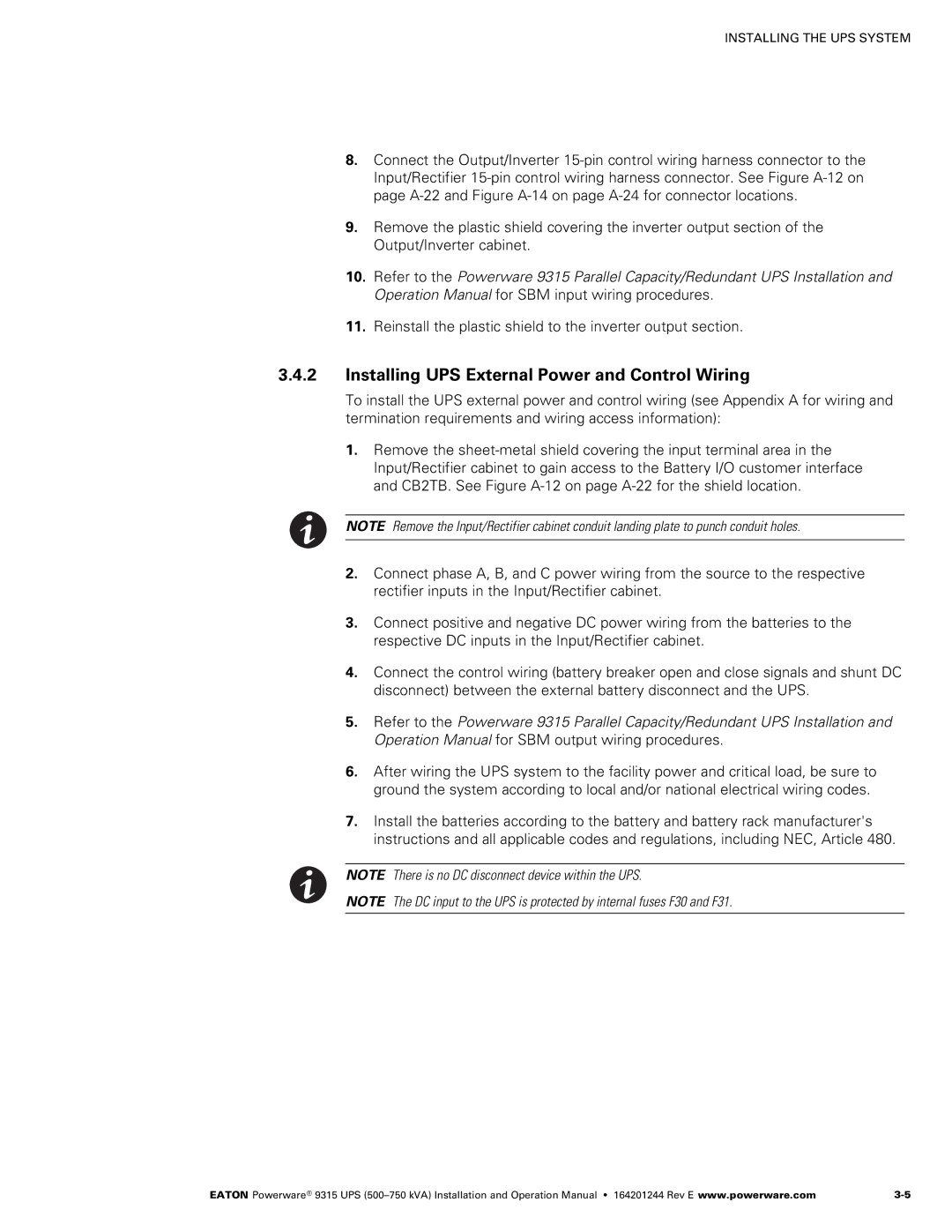 Powerware Powerware 9315 operation manual Installing UPS External Power and Control Wiring 