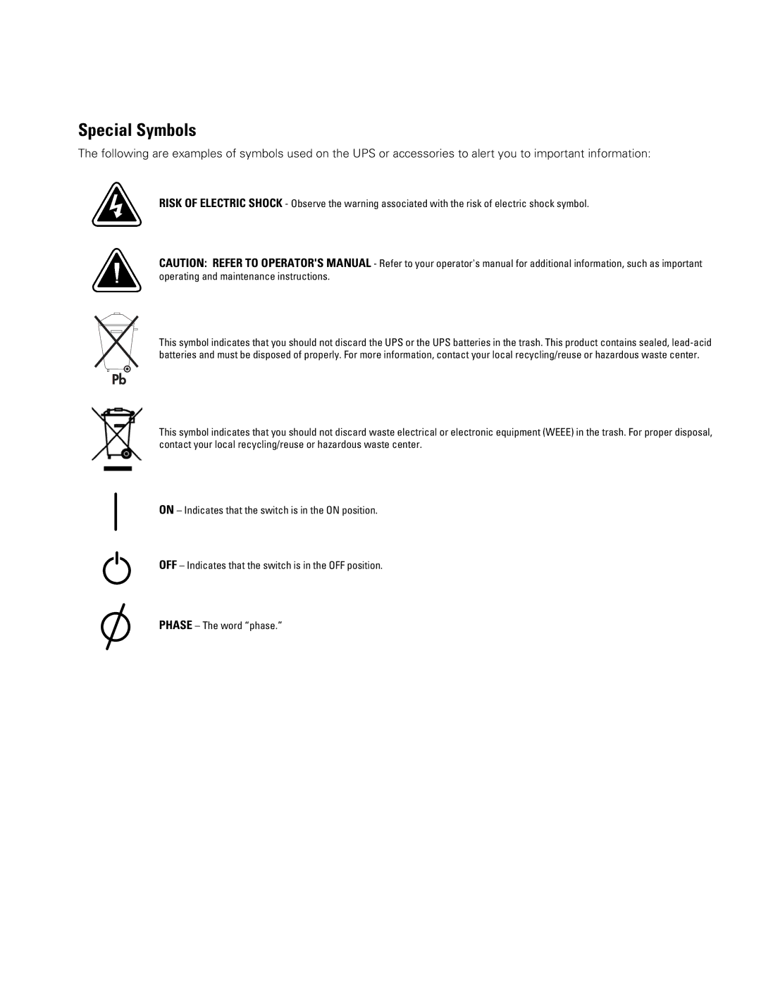 Powerware Powerware 9315 operation manual Special Symbols 