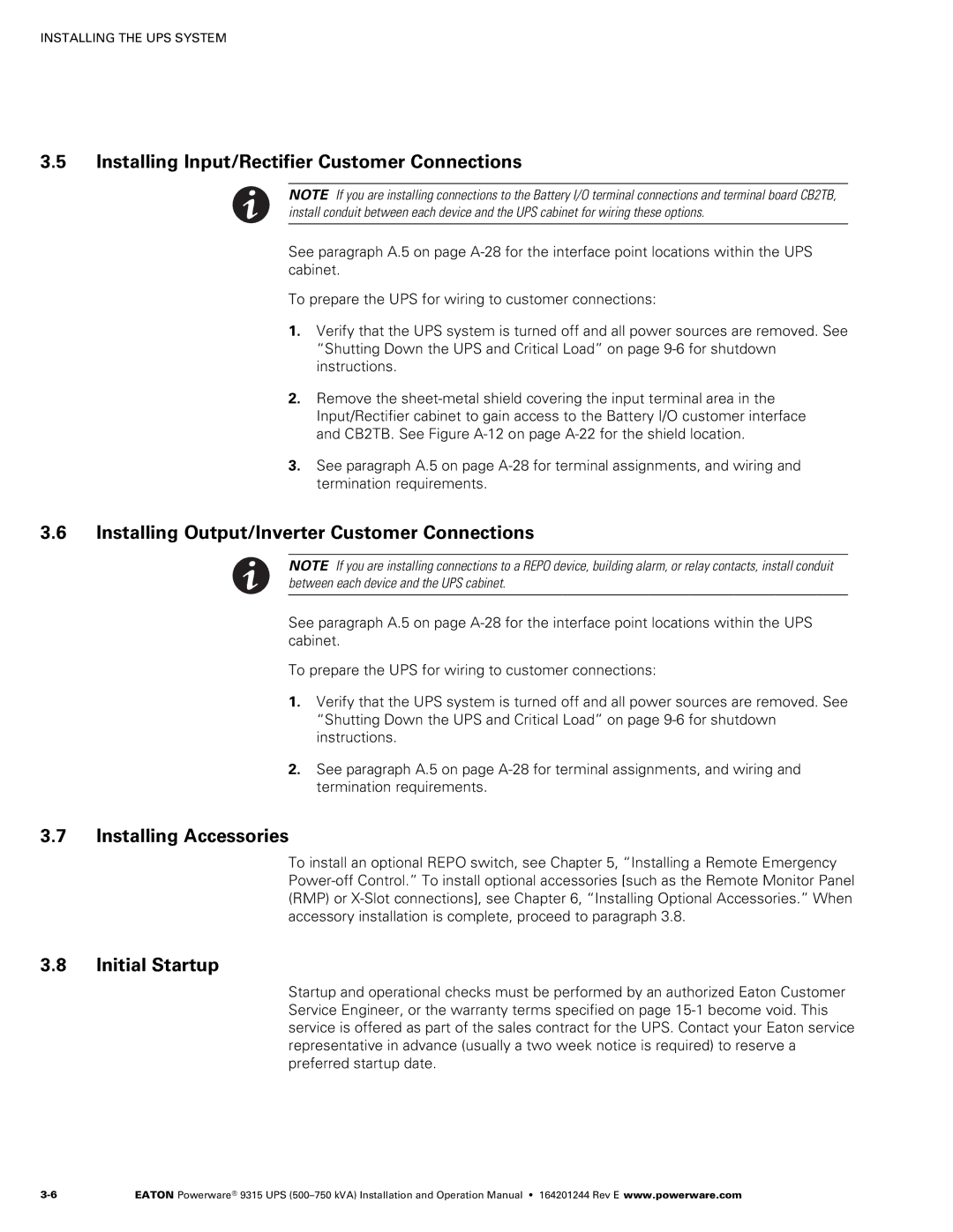 Powerware Powerware 9315 Installing Input/Rectifier Customer Connections, Installing Output/Inverter Customer Connections 