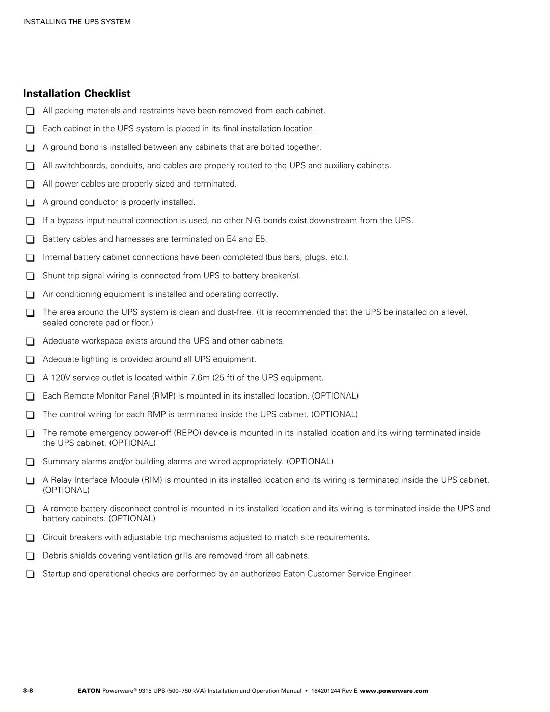 Powerware Powerware 9315 operation manual Installation Checklist 