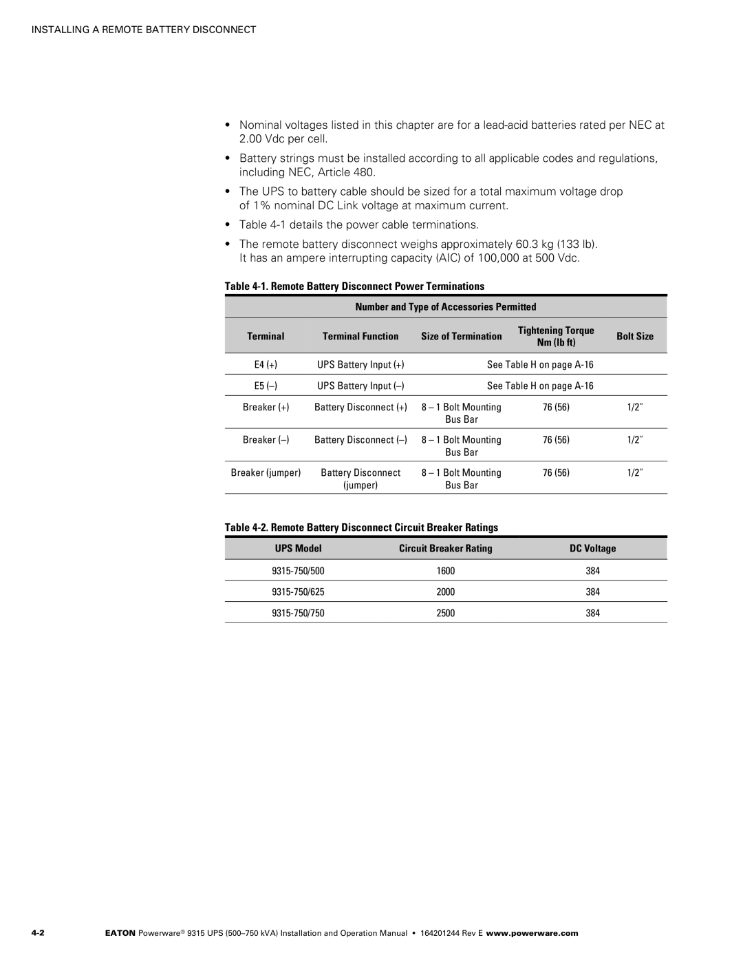 Powerware Powerware 9315 operation manual ‐1. Remote Battery Disconnect Power Terminations, Tightening Torque Bolt Size 