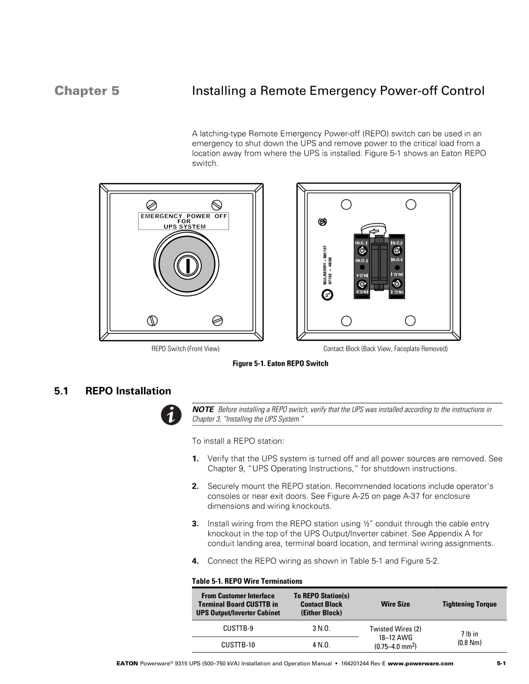 Powerware Powerware 9315 Chapter, Repo Installation, ‐1. Repo Wire Terminations, From Customer Interface, Wire Size 