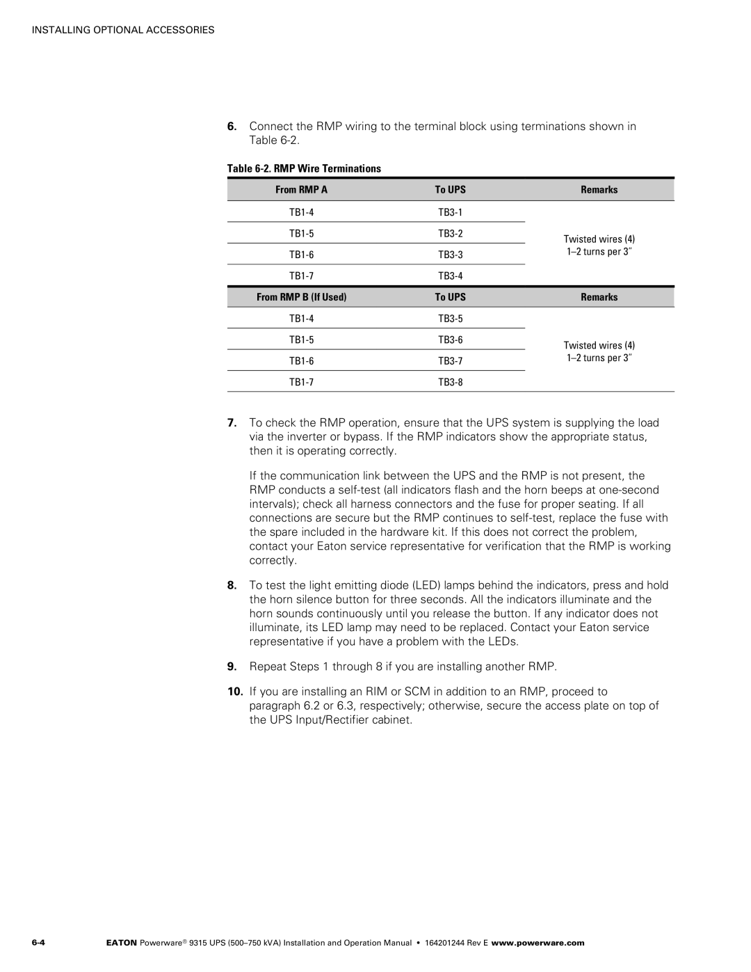 Powerware Powerware 9315 operation manual ‐2. RMP Wire Terminations, From RMP a To UPS Remarks 