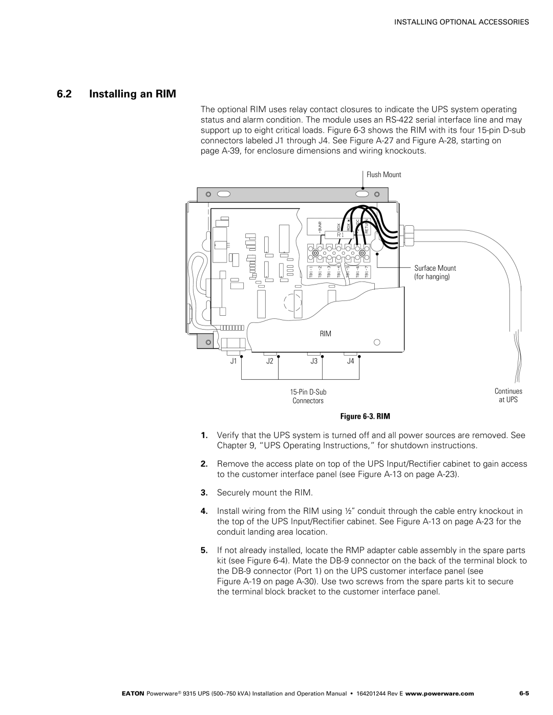 Powerware Powerware 9315 operation manual Installing an RIM, ‐3. RIM 