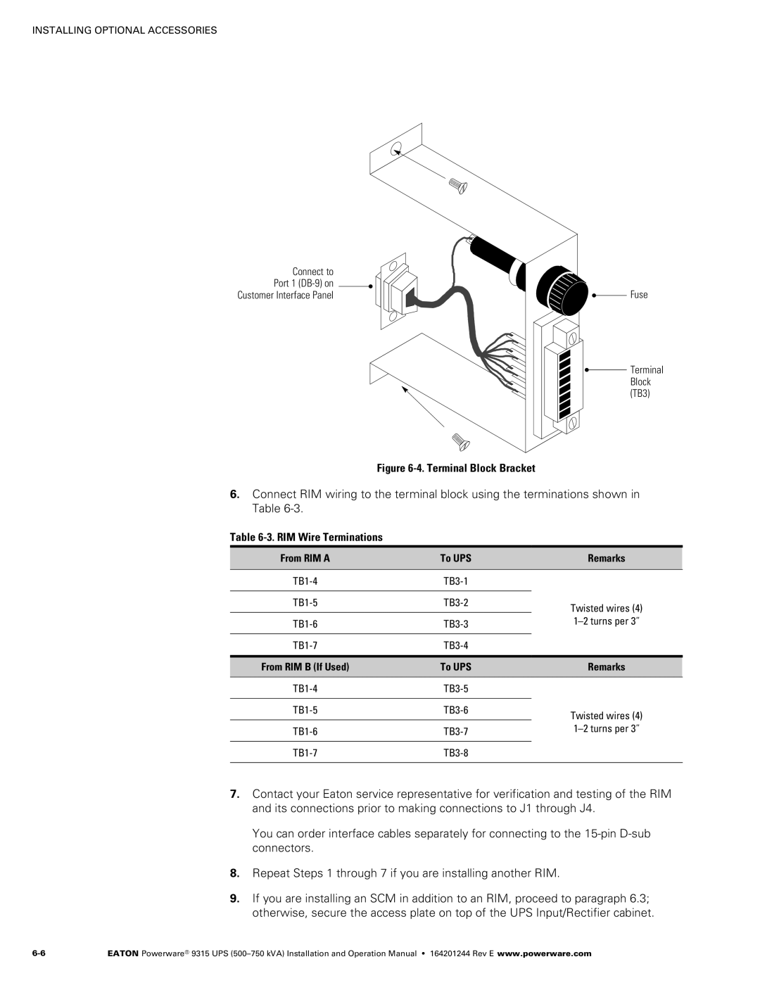 Powerware Powerware 9315 operation manual ‐3. RIM Wire Terminations, From RIM a To UPS Remarks 