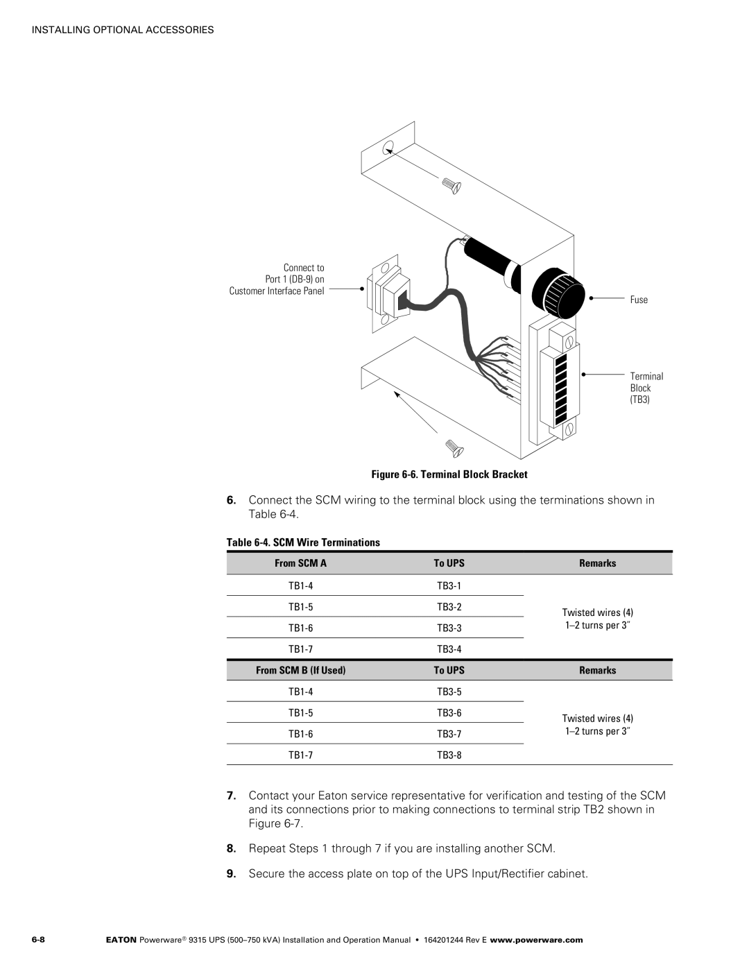 Powerware Powerware 9315 operation manual ‐4. SCM Wire Terminations, From SCM a To UPS Remarks 