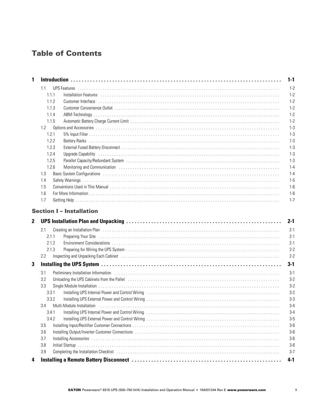 Powerware Powerware 9315 operation manual Table of Contents 