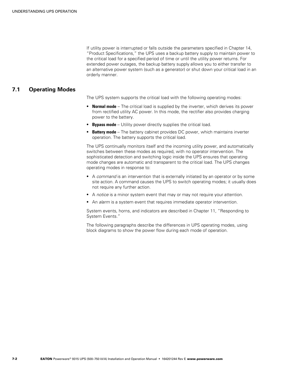 Powerware Powerware 9315 operation manual Operating Modes 