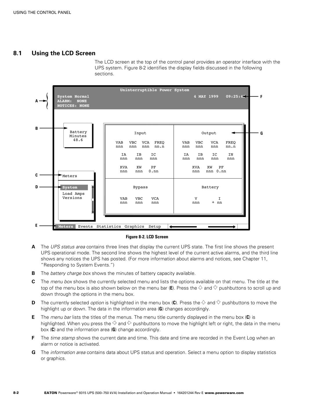 Powerware Powerware 9315 operation manual Using the LCD Screen, ‐2. LCD Screen 