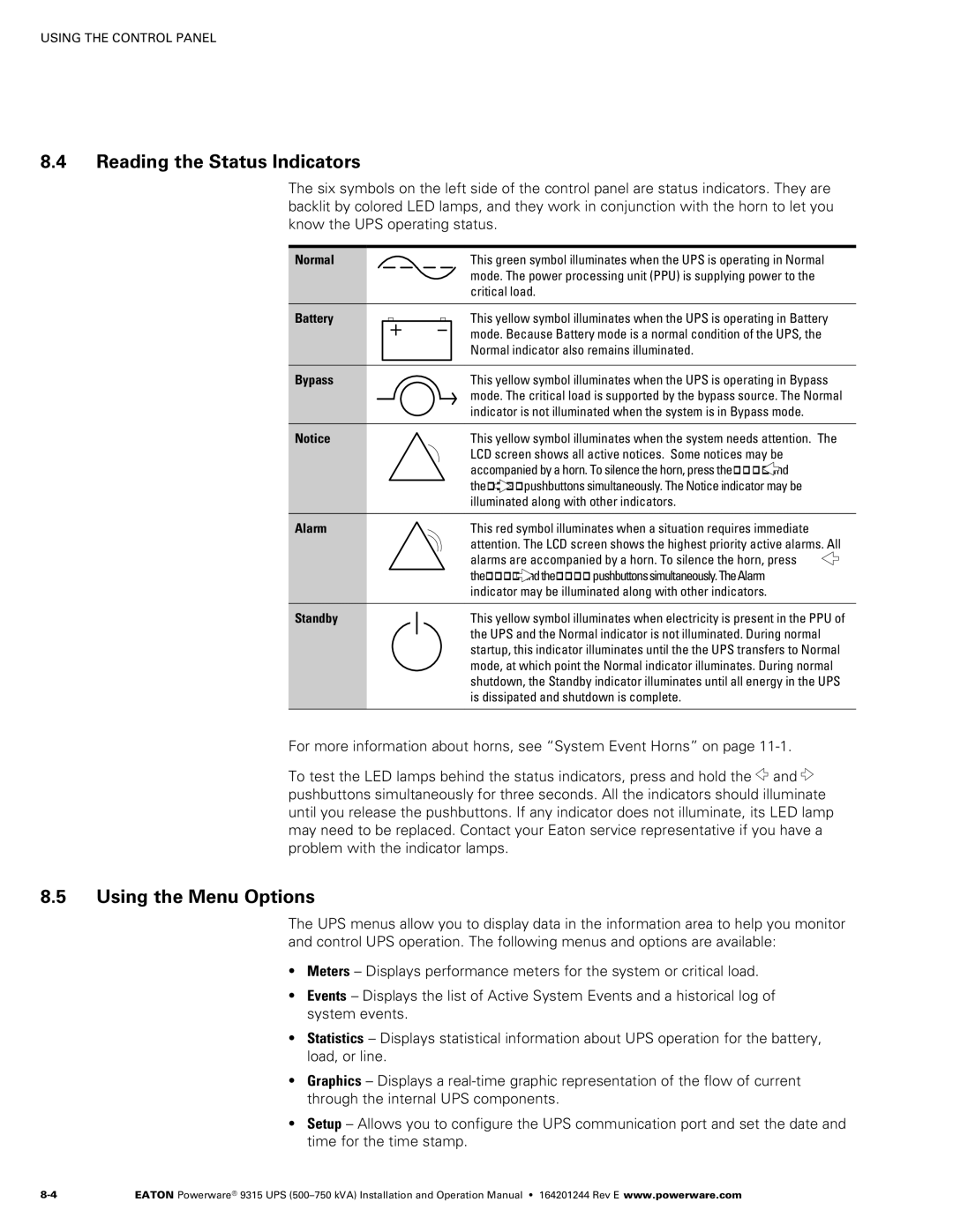 Powerware Powerware 9315 Reading the Status Indicators, Using the Menu Options, Normal Battery Bypass Alarm Standby 