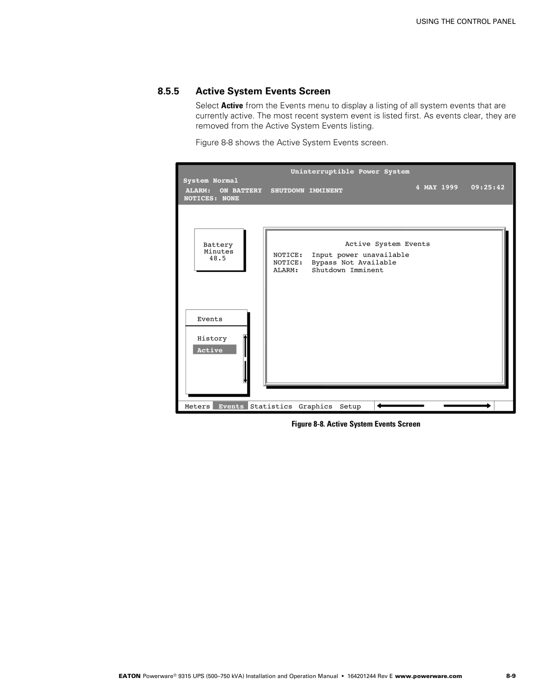 Powerware Powerware 9315 operation manual ‐8. Active System Events Screen 