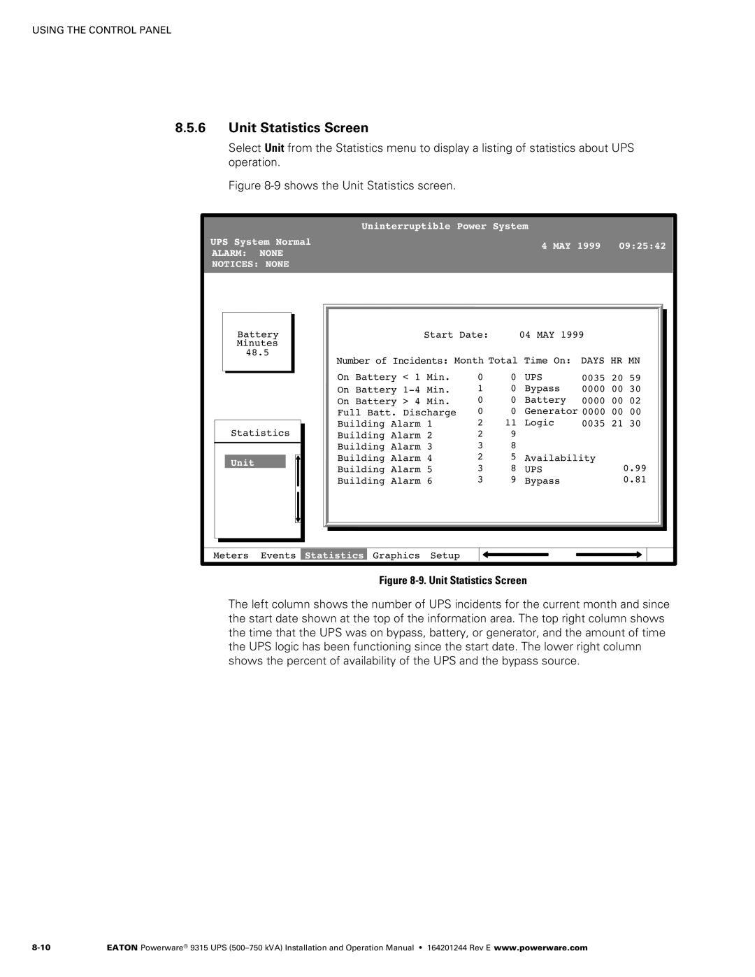 Powerware Powerware 9315 operation manual ‐9. Unit Statistics Screen 