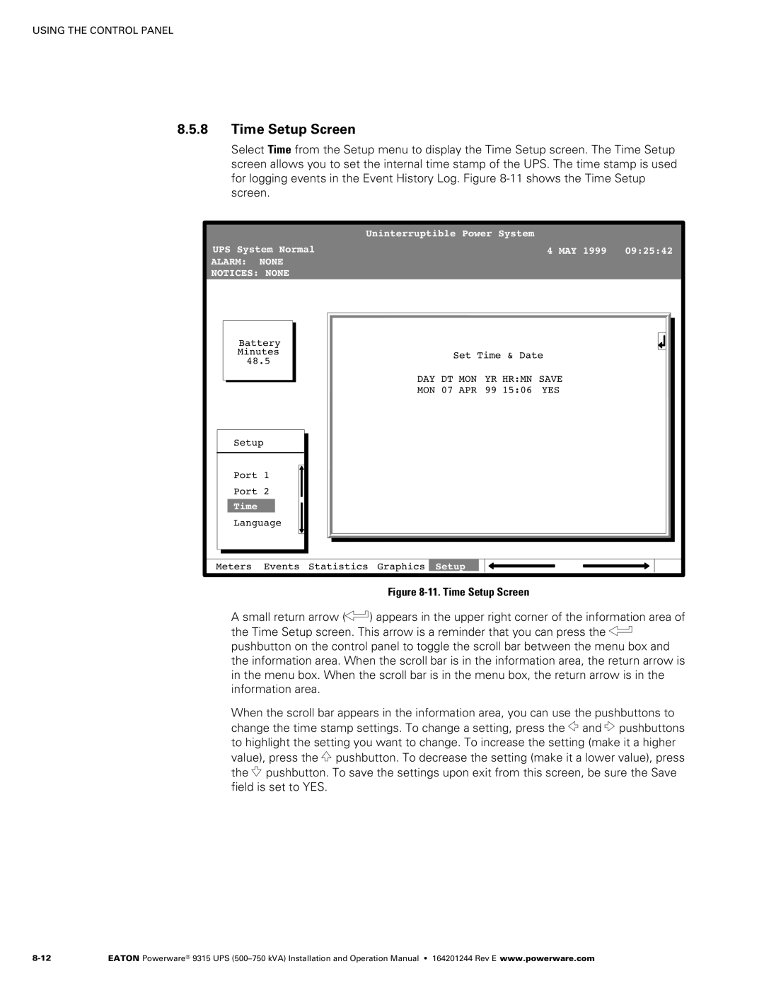 Powerware Powerware 9315 operation manual ‐11. Time Setup Screen 