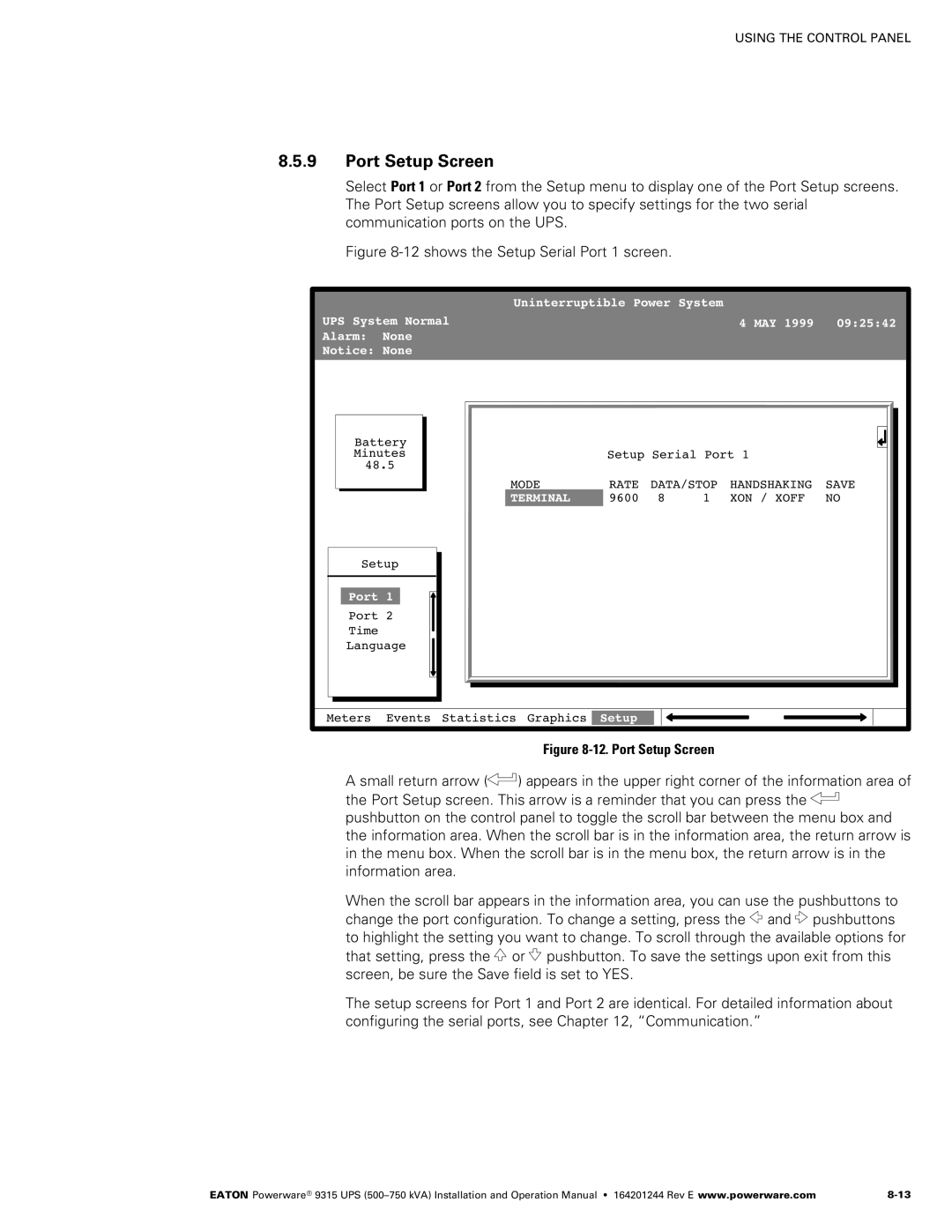 Powerware Powerware 9315 operation manual ‐12. Port Setup Screen 