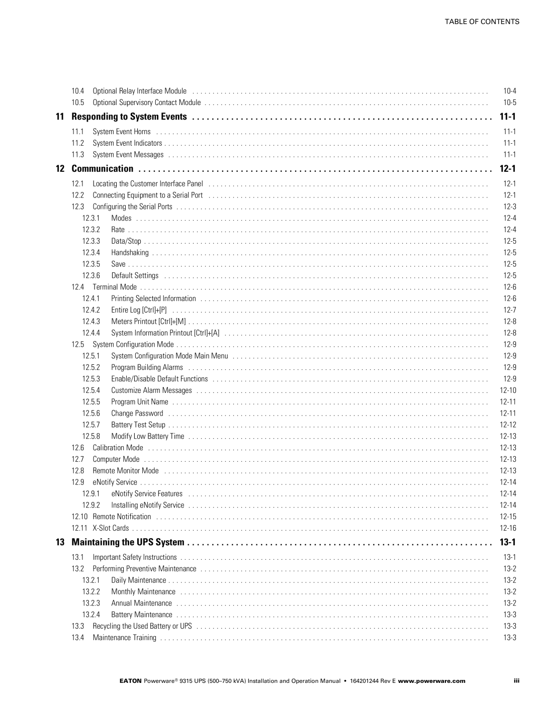 Powerware Powerware 9315 operation manual 11-1, 12-1, 13-1 