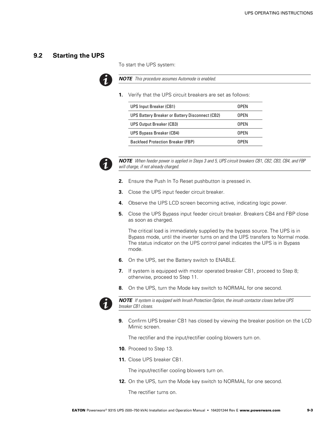 Powerware Powerware 9315 operation manual Starting the UPS 