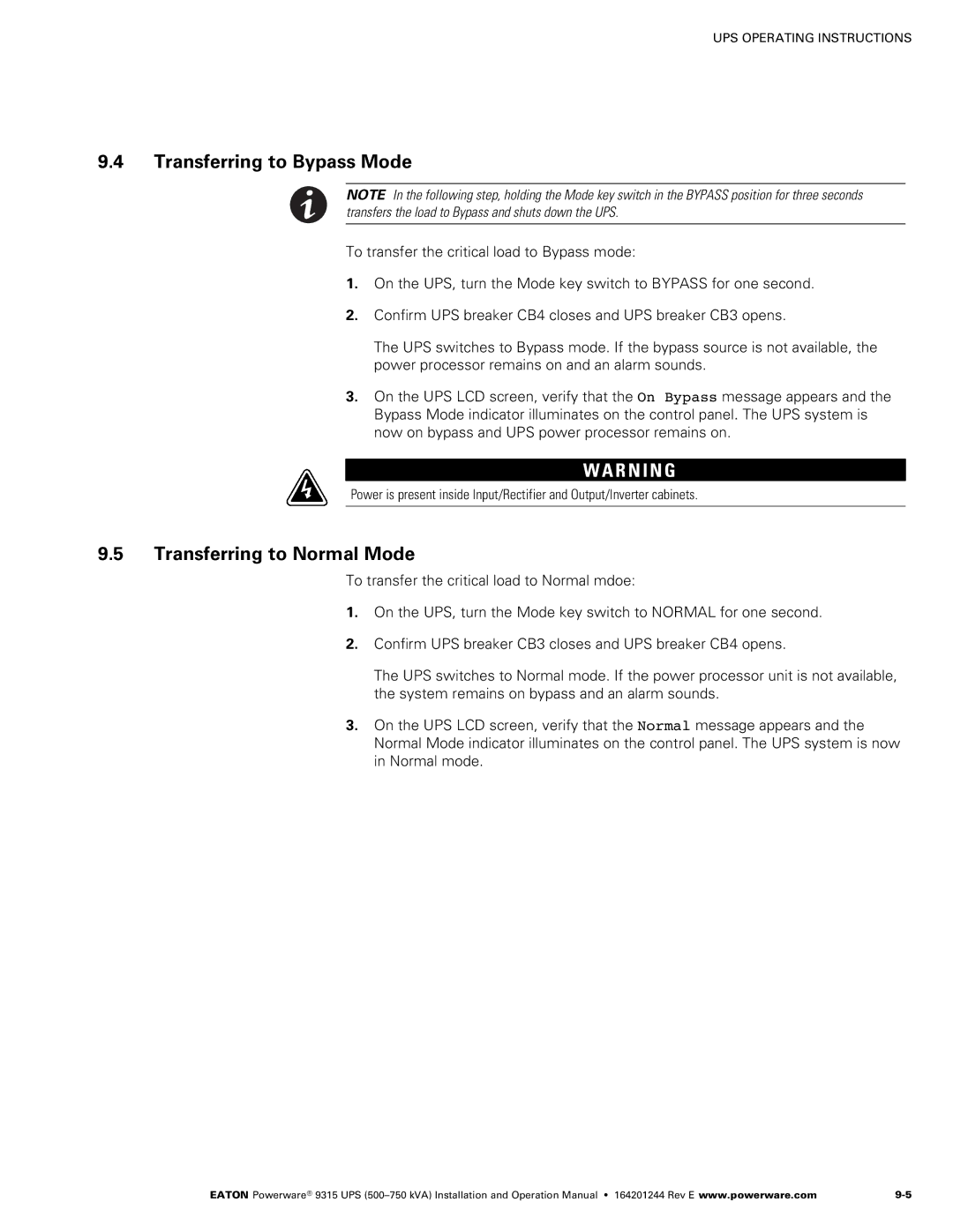 Powerware Powerware 9315 operation manual Transferring to Bypass Mode, Transferring to Normal Mode 