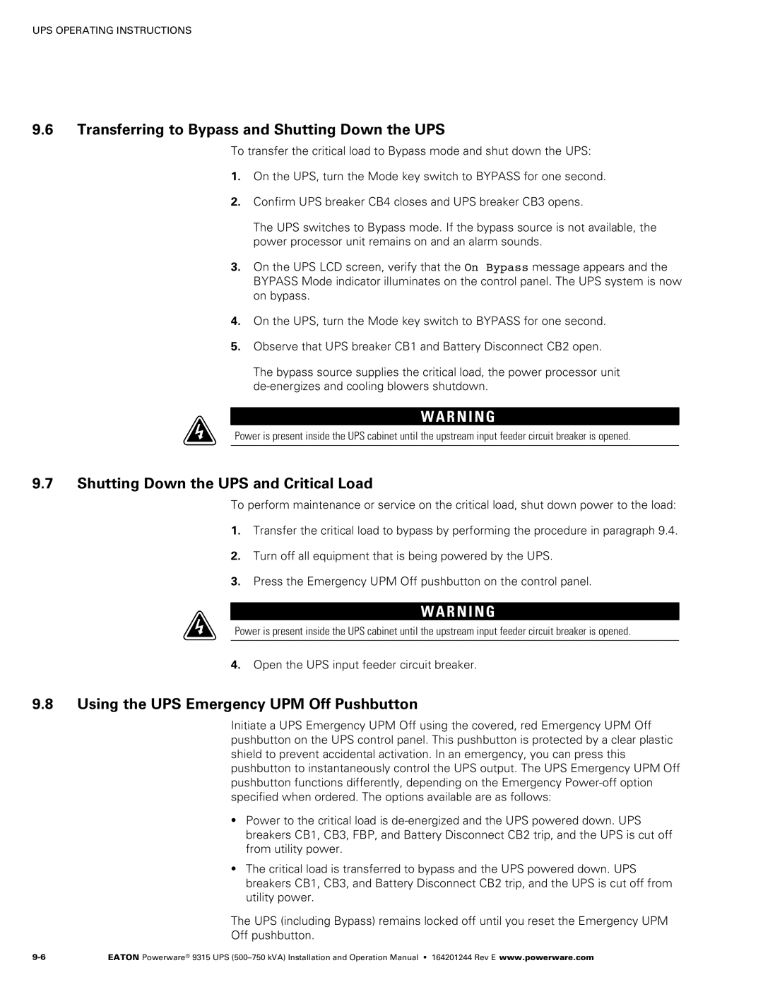 Powerware Powerware 9315 Transferring to Bypass and Shutting Down the UPS, Shutting Down the UPS and Critical Load 