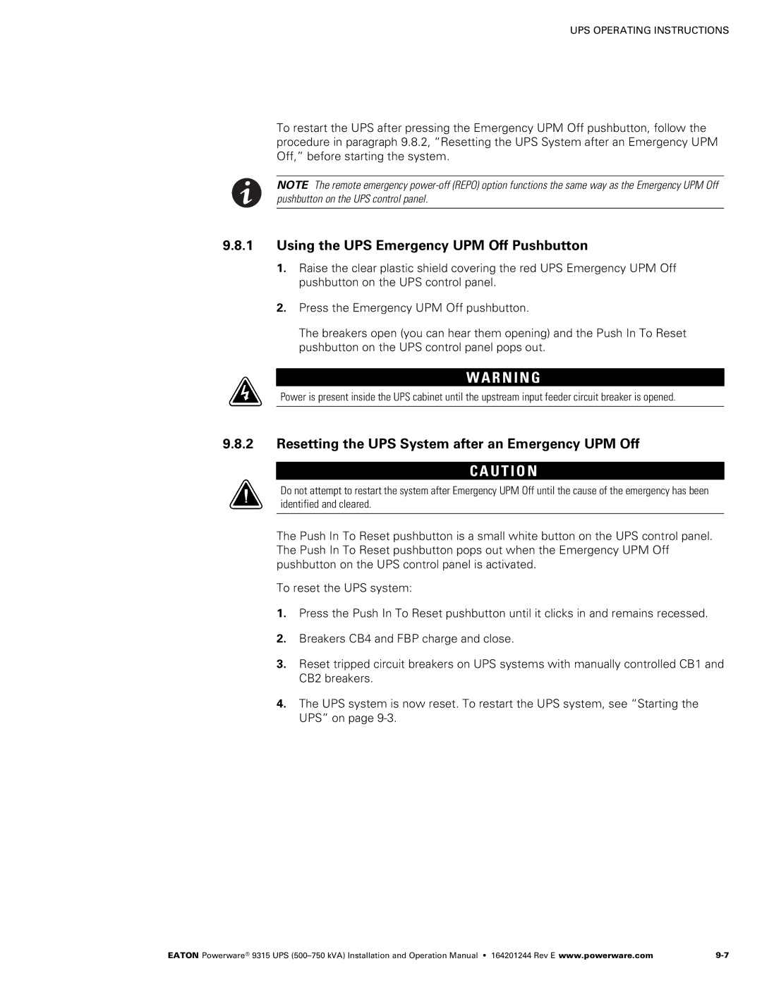 Powerware Powerware 9315 Using the UPS Emergency UPM Off Pushbutton, Resetting the UPS System after an Emergency UPM Off 