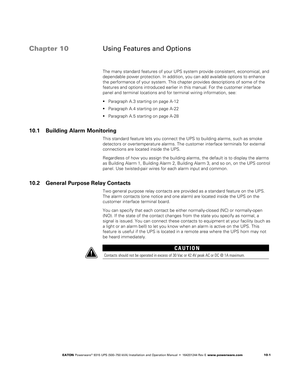 Powerware Powerware 9315 Chapter Using Features and Options, Building Alarm Monitoring, General Purpose Relay Contacts 