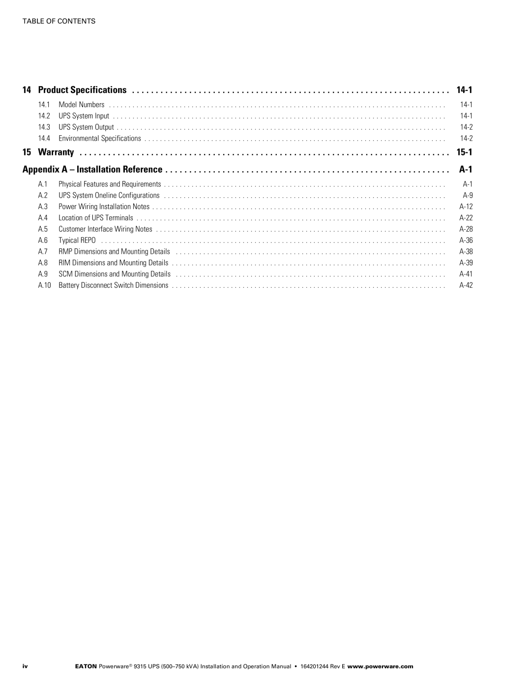 Powerware Powerware 9315 operation manual 14-1, 15-1, Product Specifications, Warranty, Appendix a Installation Reference 