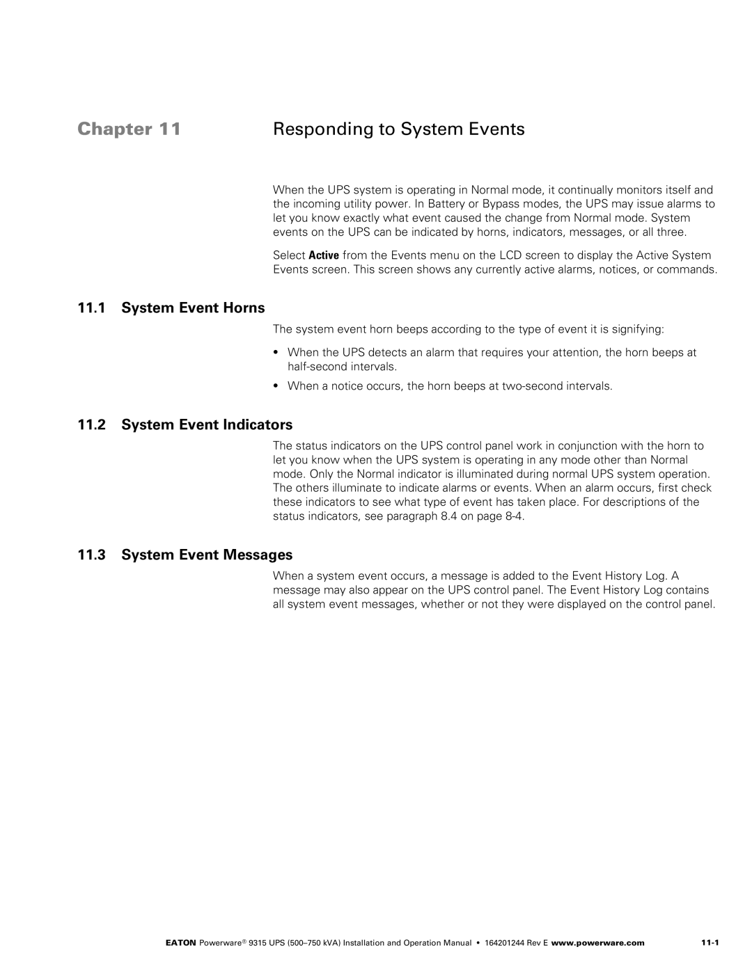 Powerware Powerware 9315 operation manual Chapter Responding to System Events, System Event Horns, System Event Indicators 