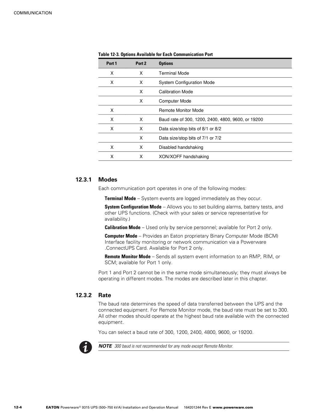 Powerware Powerware 9315 operation manual Modes, Rate, ‐3. Options Available for Each Communication Port, Port Options 