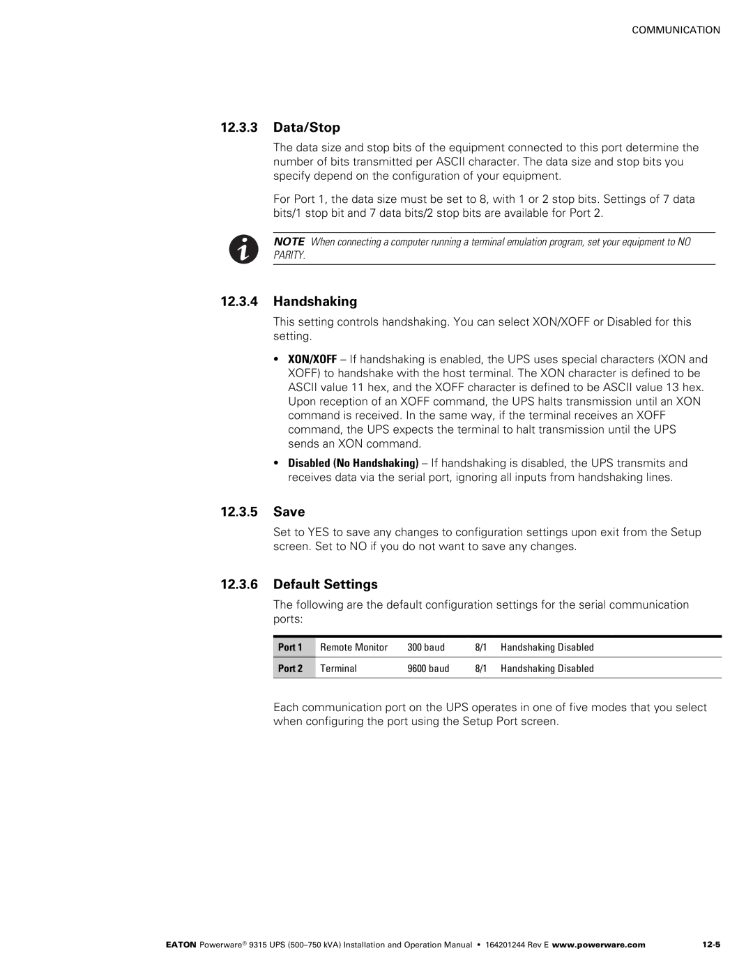 Powerware Powerware 9315 operation manual Data/Stop, Handshaking, Save, Default Settings, Port 