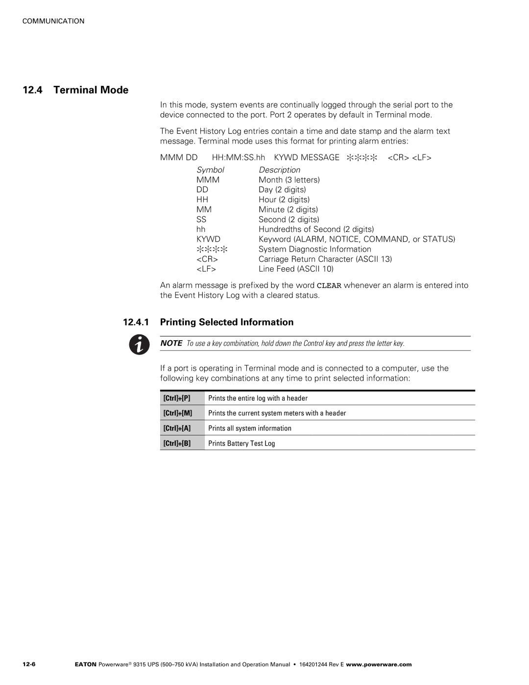 Powerware Powerware 9315 operation manual Terminal Mode, Printing Selected Information 