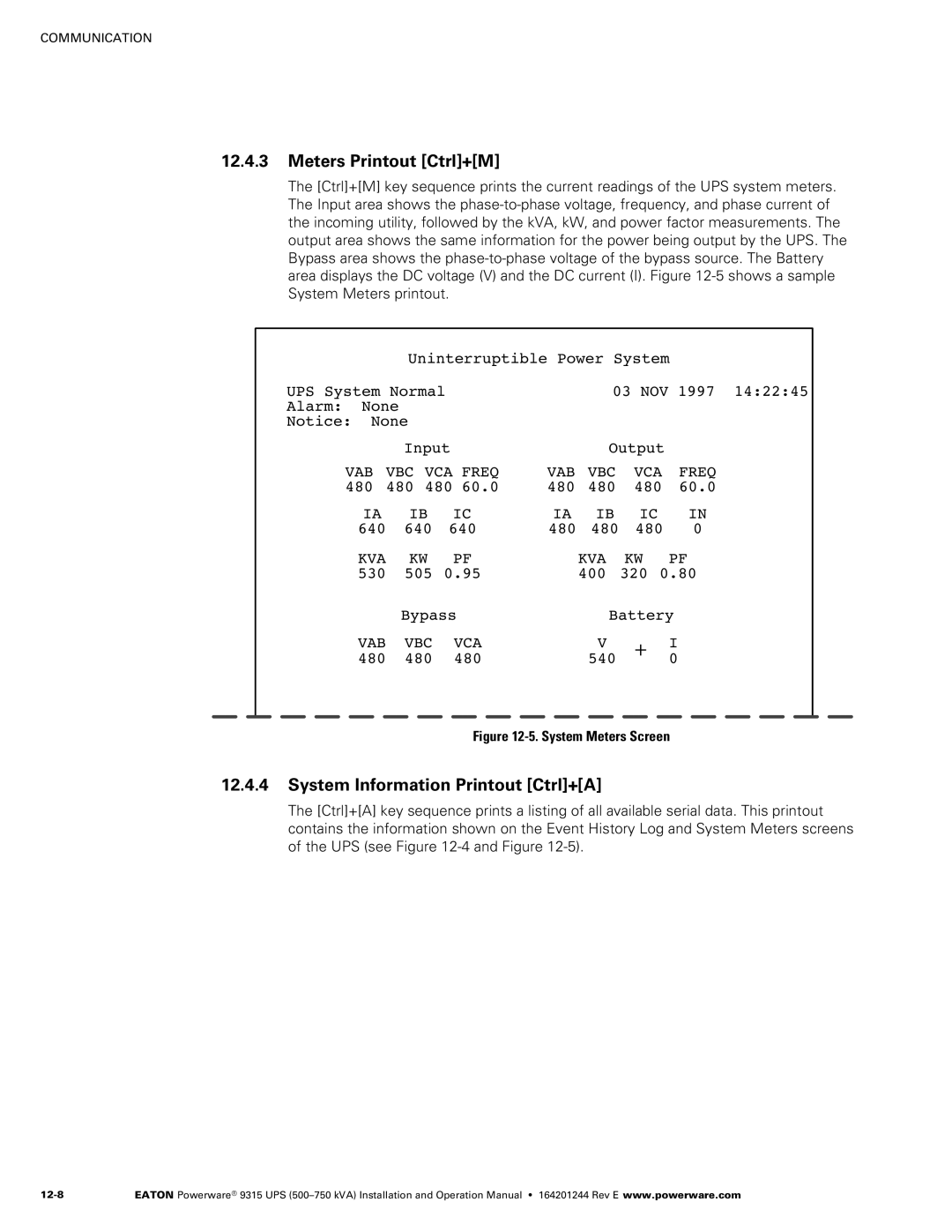 Powerware Powerware 9315 operation manual Meters Printout Ctrl+M, System Information Printout Ctrl+A 