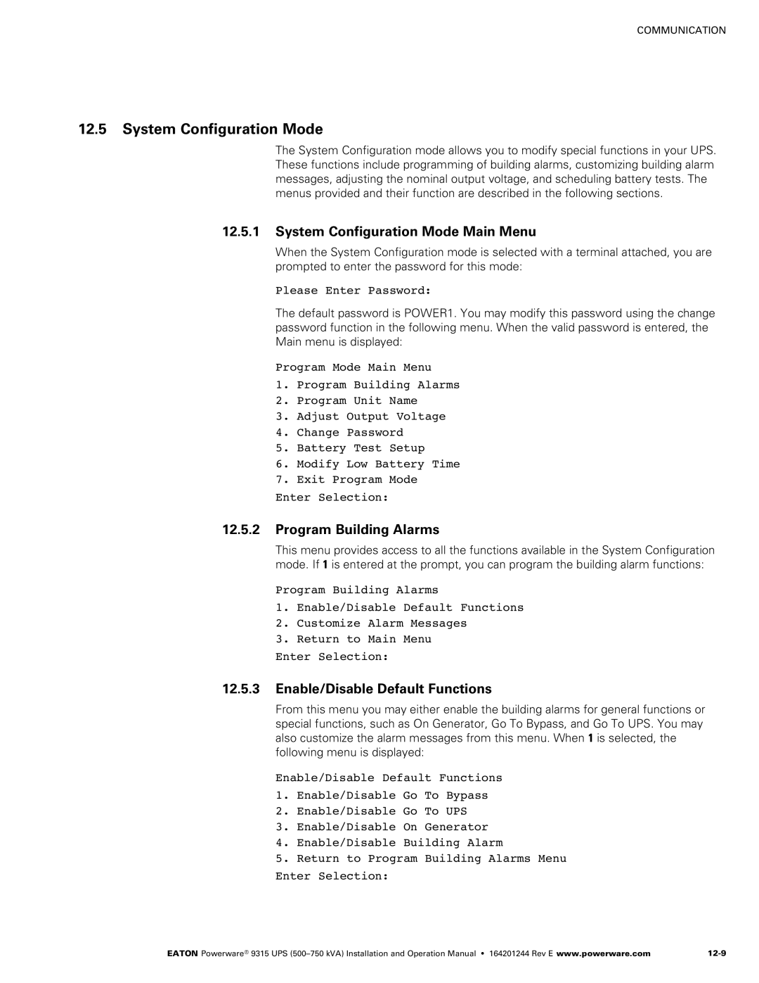 Powerware Powerware 9315 operation manual System Configuration Mode Main Menu, Program Building Alarms 