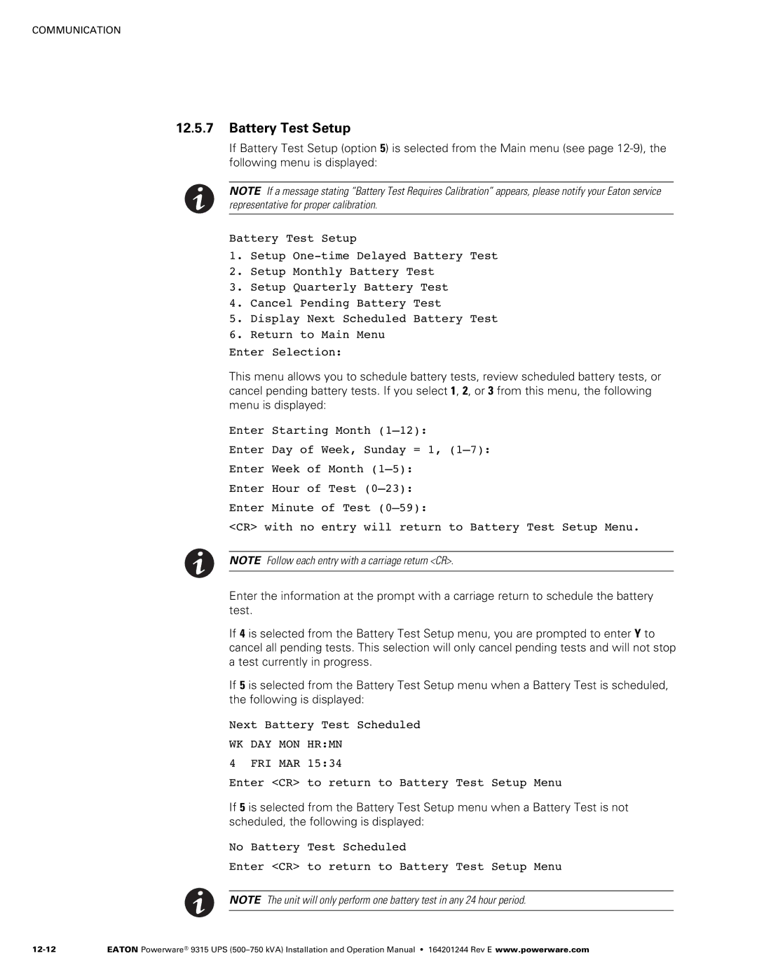 Powerware Powerware 9315 operation manual Battery Test Setup, WK DAY MON Hrmn 