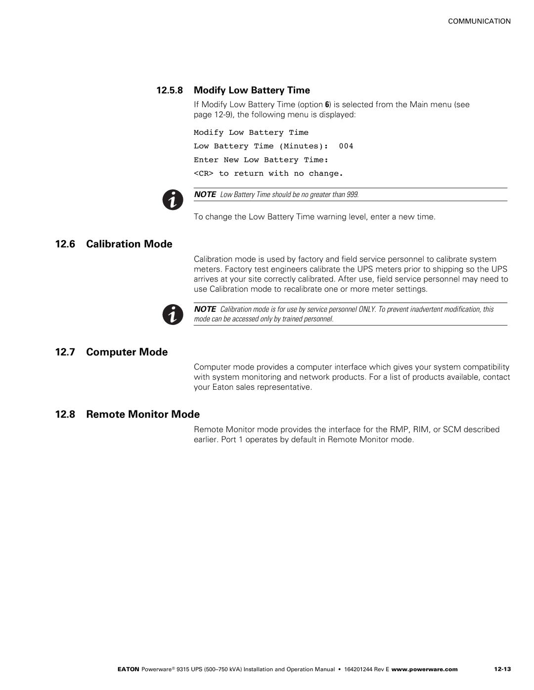 Powerware Powerware 9315 operation manual Calibration Mode, Computer Mode, Remote Monitor Mode, Modify Low Battery Time 