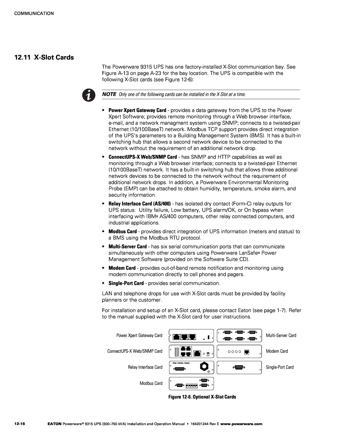 Powerware Powerware 9315 operation manual X-Slot Cards 