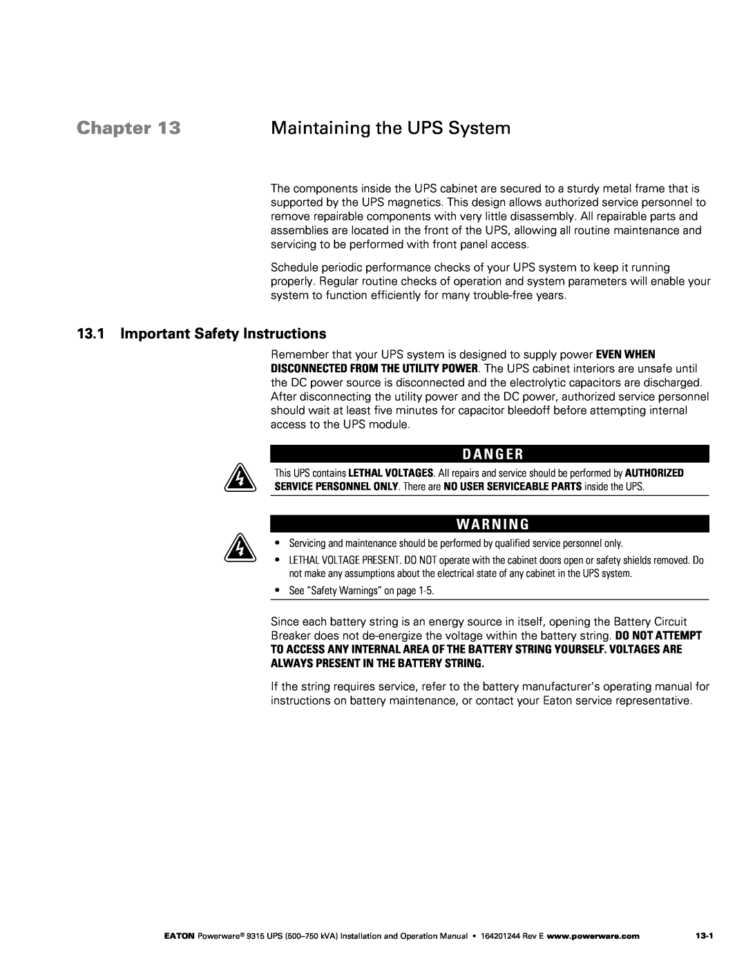 Powerware Powerware 9315 Maintaining the UPS System, Important Safety Instructions, Always Present In The Battery String 