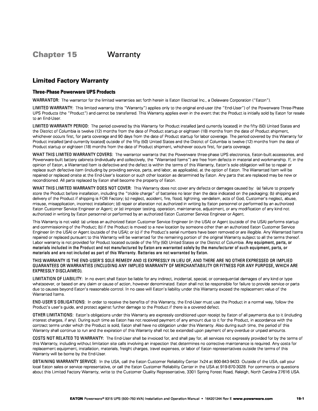 Powerware Powerware 9315 operation manual Limited Factory Warranty, Three‐Phase Powerware UPS Products, Chapter 