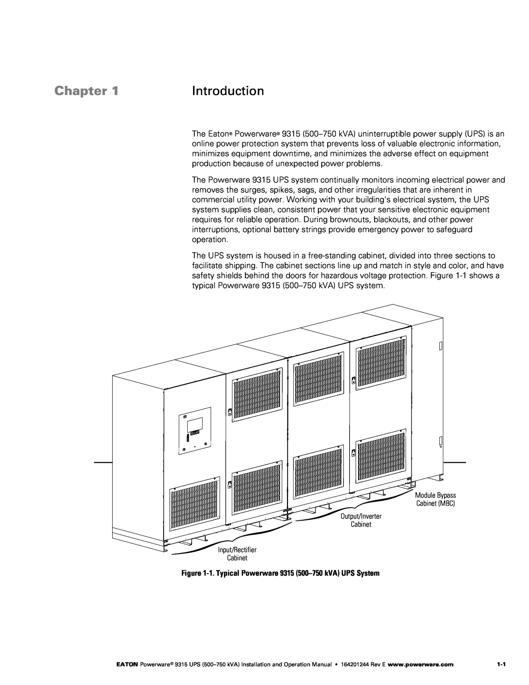 Powerware operation manual Chapter, Introduction, ‐1. Typical Powerware 9315 500-750 kVA UPS System 