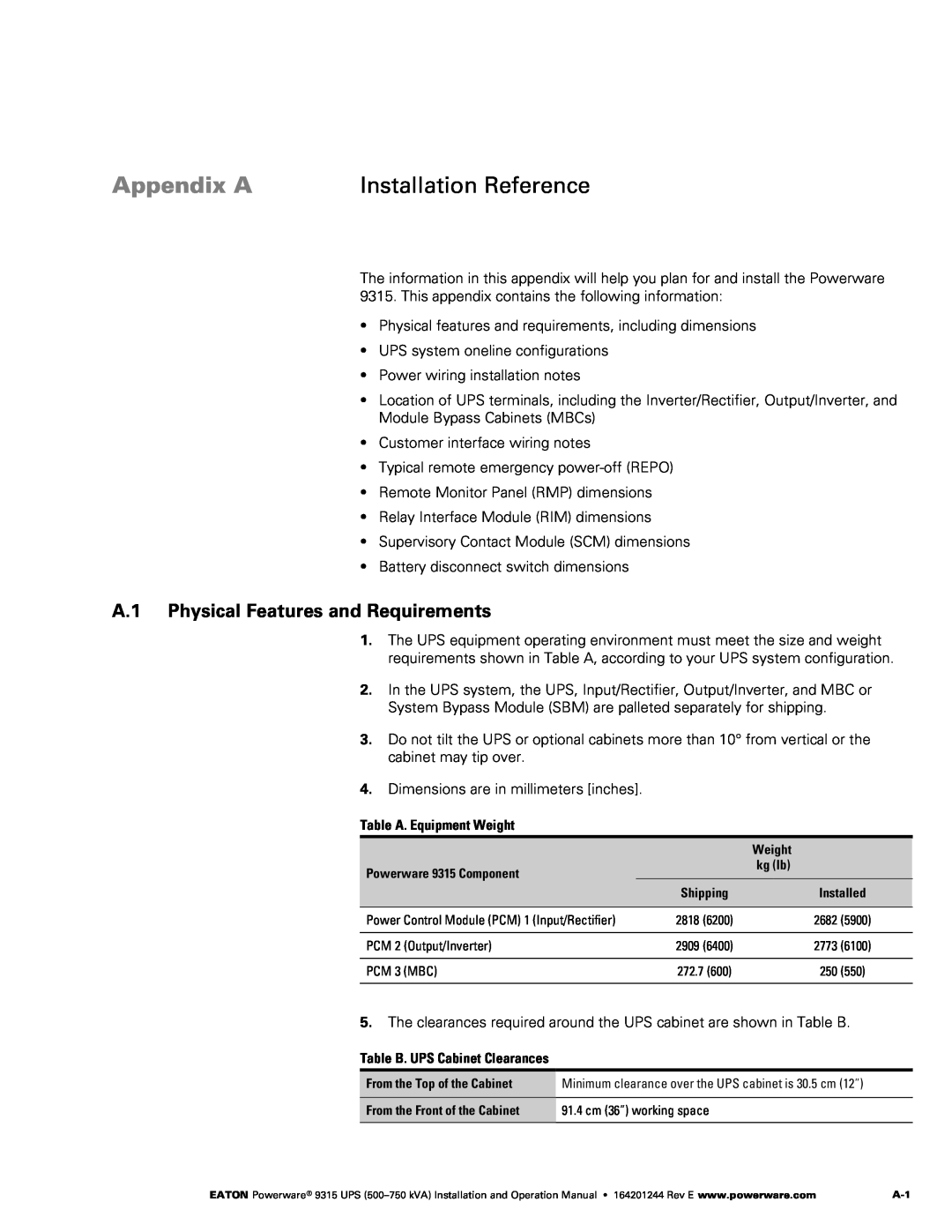 Powerware Powerware 9315 operation manual Appendix A, Installation Reference, A.1 Physical Features and Requirements 