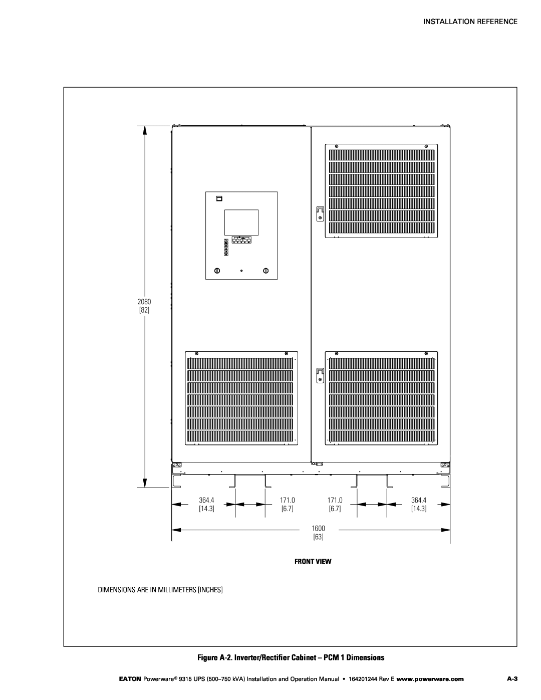 Powerware Powerware 9315 operation manual Figure A‐2. Inverter/Rectifier Cabinet - PCM 1 Dimensions, Front View 