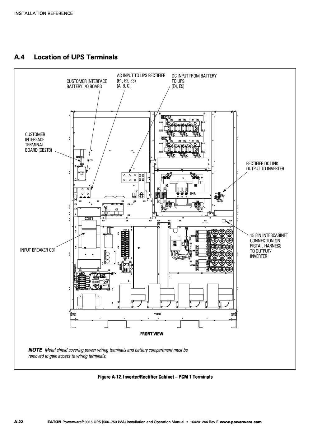 Powerware Powerware 9315 A.4 Location of UPS Terminals, Figure A‐12. Inverter/Rectifier Cabinet - PCM 1 Terminals 