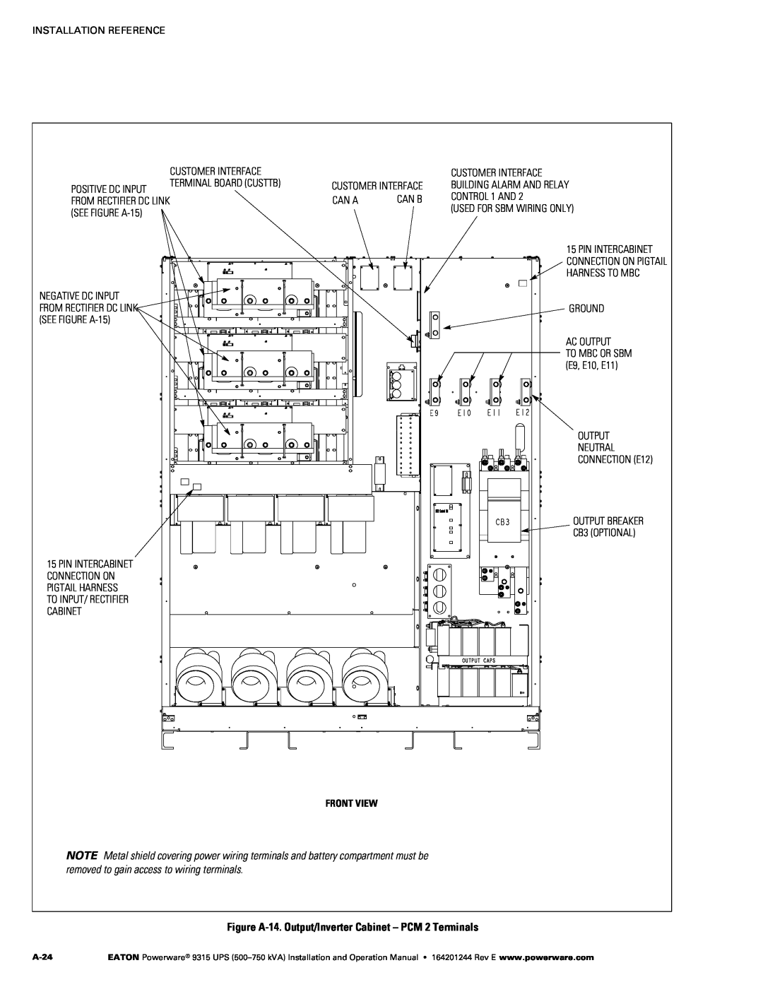 Powerware Powerware 9315 operation manual Figure A‐14. Output/Inverter Cabinet - PCM 2 Terminals, Front View, A-24 