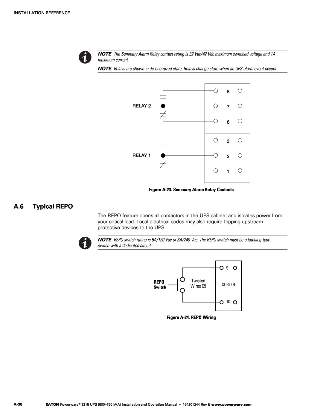 Powerware Powerware 9315 A.6 Typical REPO, Figure A‐23. Summary Alarm Relay Contacts, Repo, Figure A‐24. REPO Wiring 