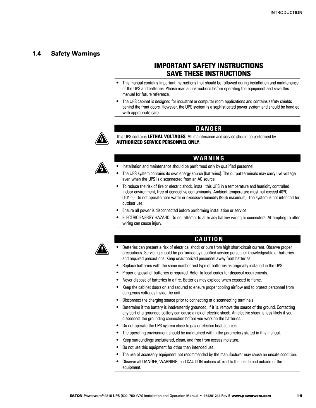 Powerware Powerware 9315 operation manual Safety Warnings 
