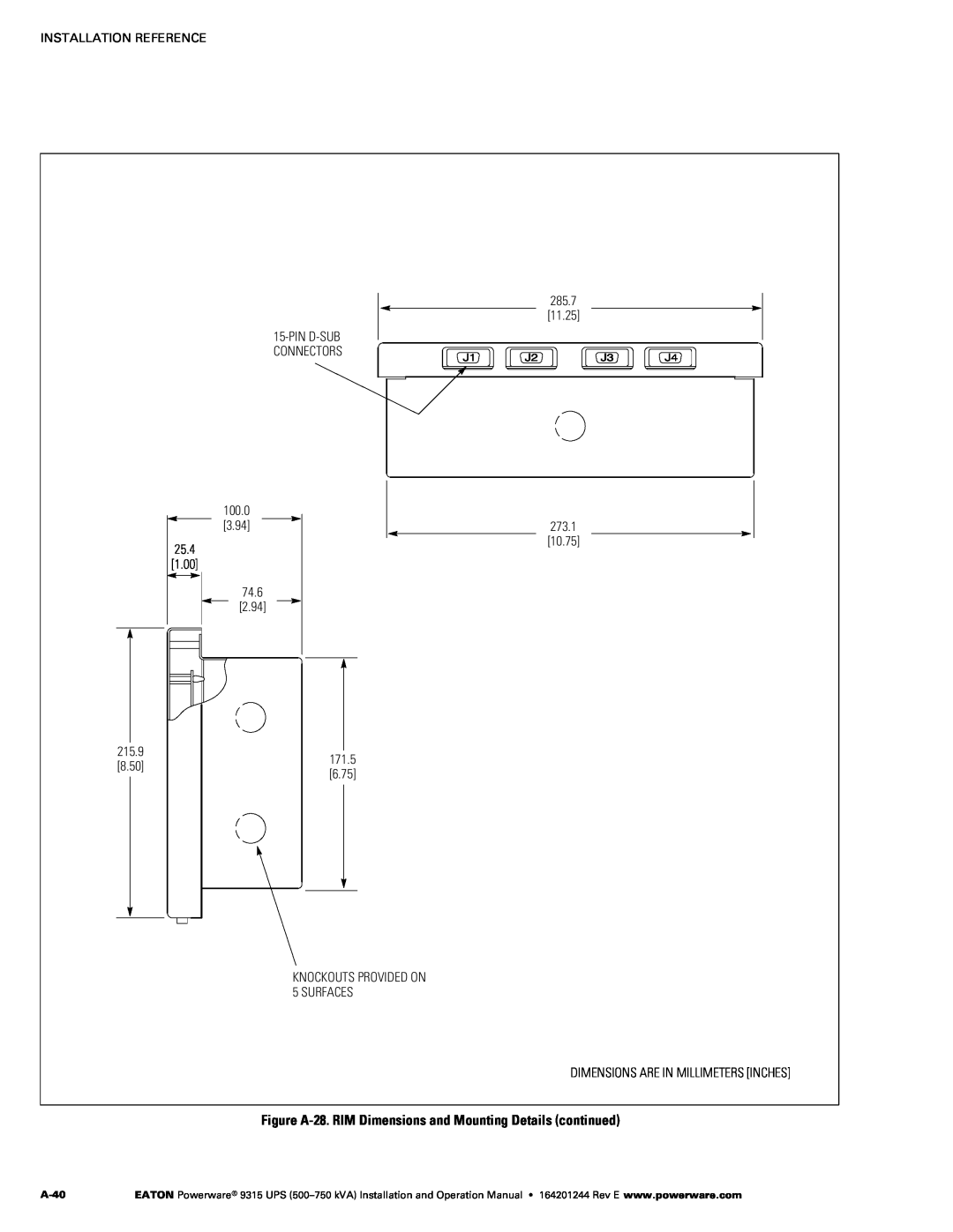 Powerware Powerware 9315 operation manual Figure A‐28. RIM Dimensions and Mounting Details continued, A-40 