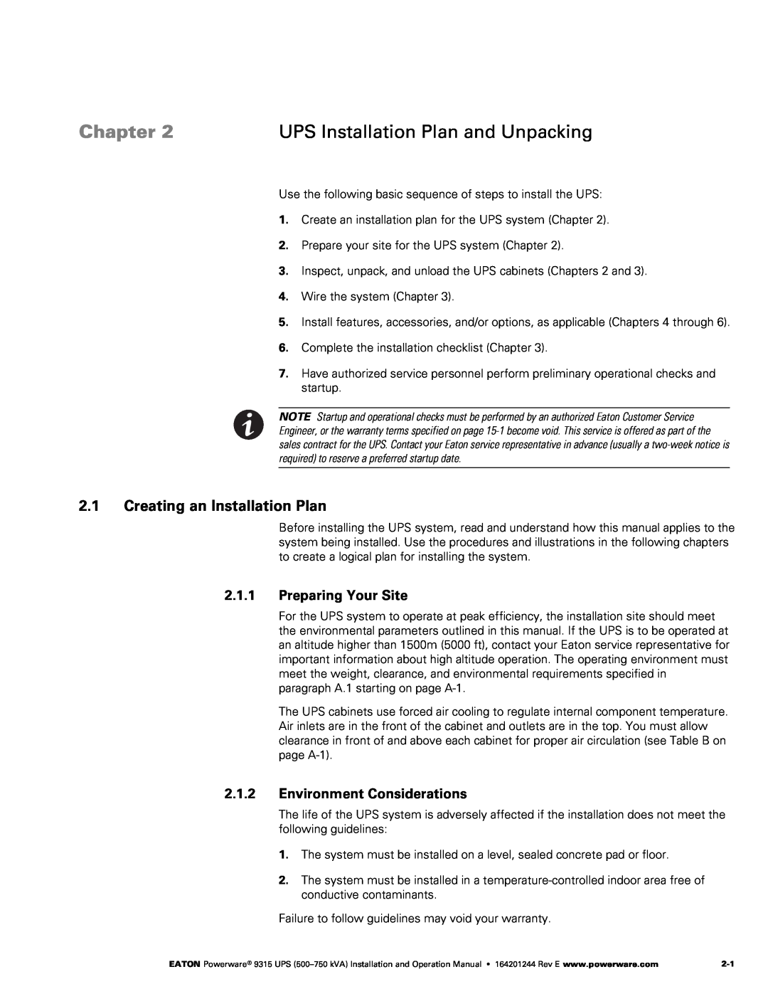 Powerware Powerware 9315 UPS Installation Plan and Unpacking, Creating an Installation Plan, Preparing Your Site, Chapter 