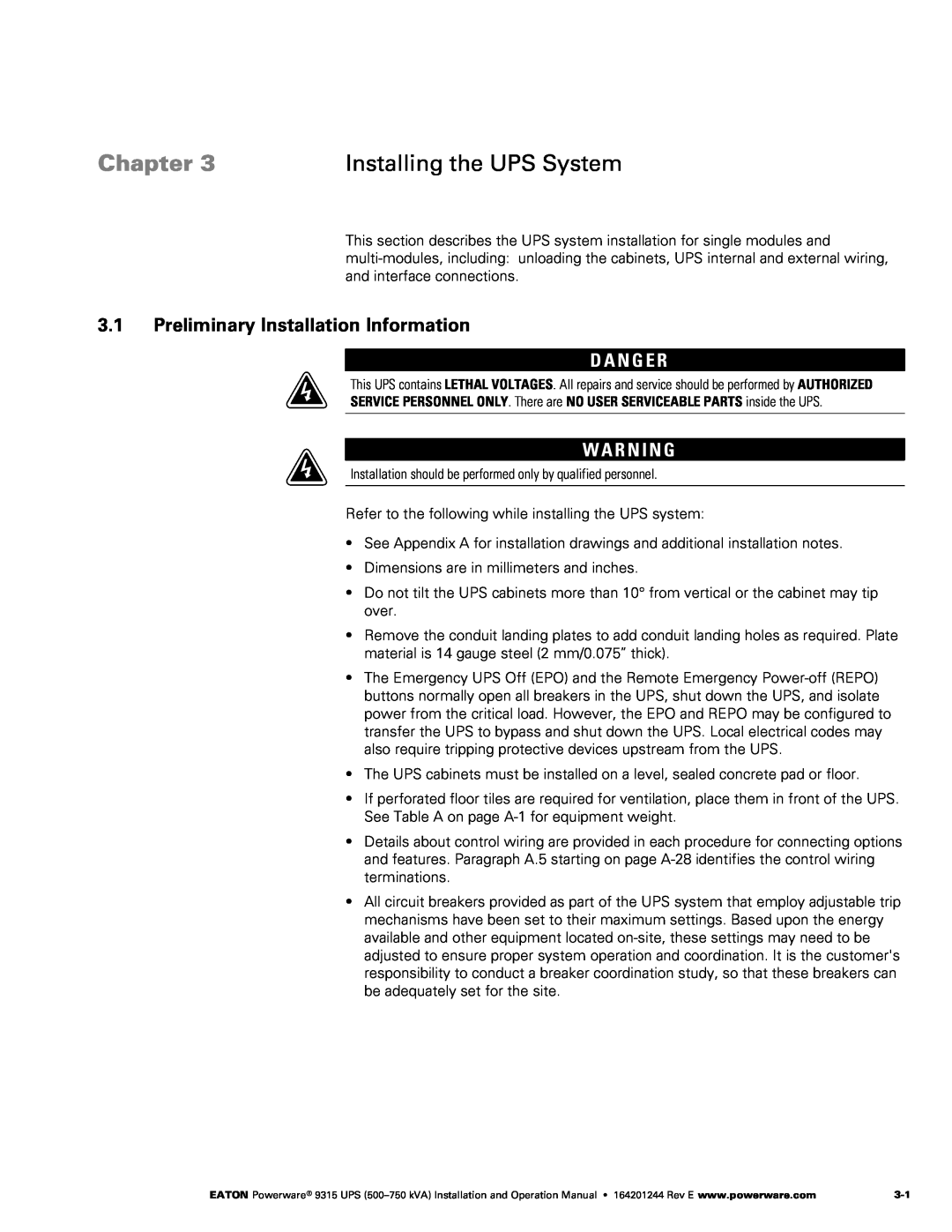 Powerware Powerware 9315 Installing the UPS System, Preliminary Installation Information, D A N G E R, Chapter 