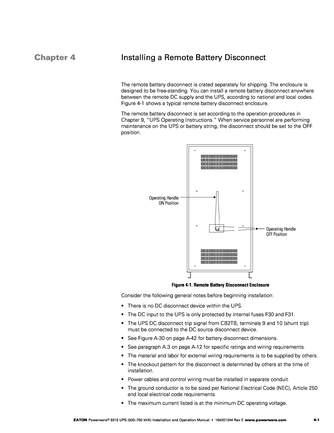 Powerware Powerware 9315 operation manual Installing a Remote Battery Disconnect, Chapter 