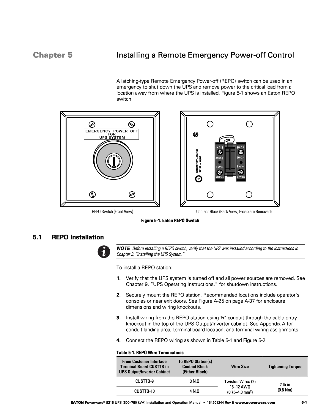 Powerware Powerware 9315 operation manual REPO Installation, Chapter, Installing a Remote Emergency Power-off Control 