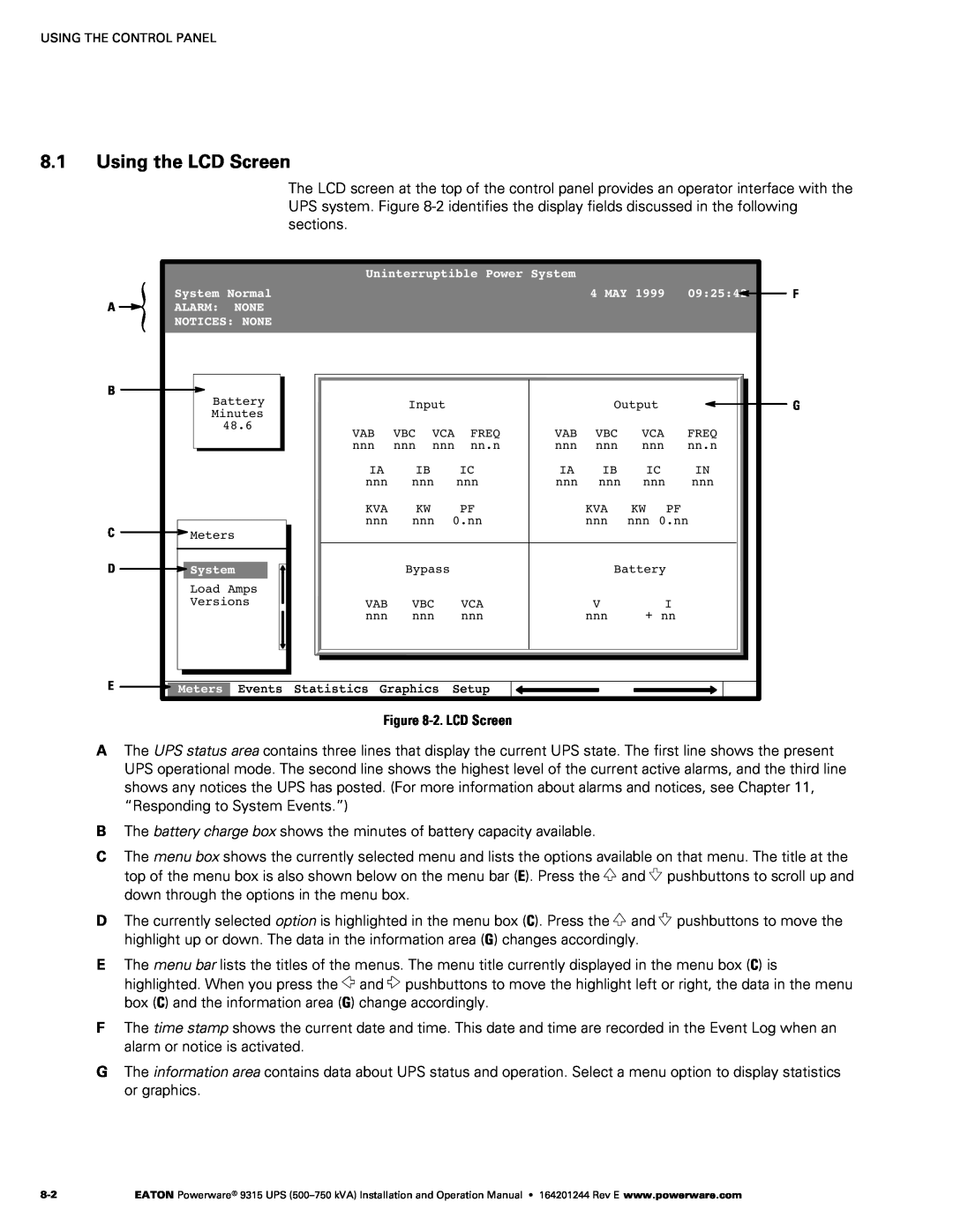 Powerware Powerware 9315 operation manual Using the LCD Screen, ‐2. LCD Screen 
