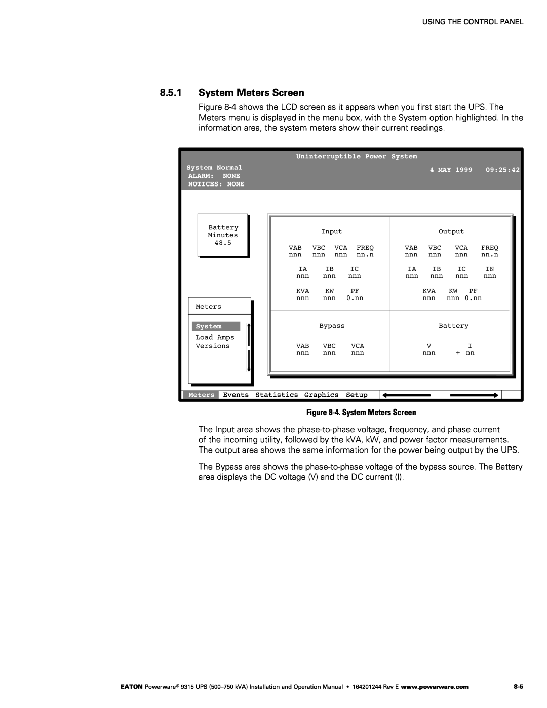 Powerware Powerware 9315 operation manual ‐4. System Meters Screen 